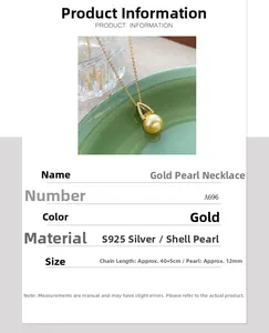 Detail view of a 12mm golden shell pearl pendant on an S925 silver chain necklace