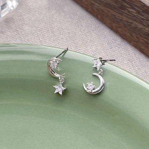 Elegant S925 sterling silver star and moon earrings with clear cubic zirconia dangles