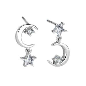 Elegant S925 sterling silver asymmetric star and moon earrings with sparkling cubic zirconia