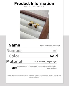 Detail view of S925 silver tiger eye stud earrings featuring golden knot design and 8mm stone