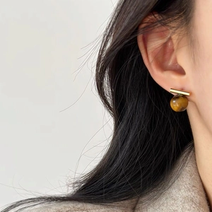 Minimalist S925 Sterling Silver Tiger Eye Stud Earrings Geometric Gold Plated Natural Stone Hypoallergenic Jewelry For Women