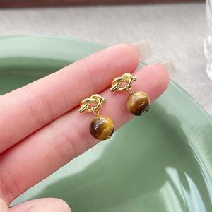 925 Sterling Silver Tiger Eye Stone Knot Stud Earrings For Women Vintage French Style Elegant Gold Plated Jewelry Gift