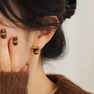 Elegant S925 silver tiger eye stone geometric earrings on a model in autumn style