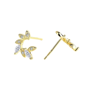 Elegant S925 sterling silver wheat leaf stud earrings with sparkling zircon stones
