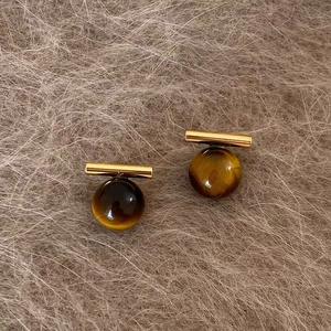 Minimalist S925 silver tiger eye stud earrings with golden geometric bar design