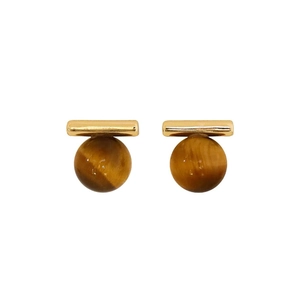 Minimalist S925 silver tiger eye stud earrings with gold geometric bar on white background