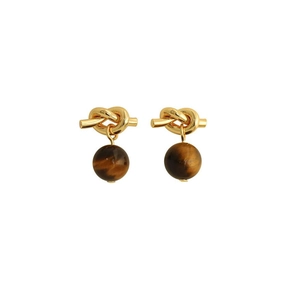 S925 sterling silver tiger eye stone knot stud earrings with golden metal polished finish