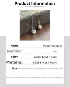 Detail specifications of S925 silver pearl necklace showing sizes and color options