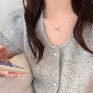 925 Sterling Silver Bow Knot Pendant Necklace For Women Minimalist Ribbon Snake Chain Clavicle Chain Sweet Elegant Jewelry Gift