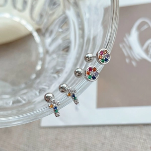 925 Sterling Silver Rainbow Colorful Rhinestone Stud Earrings Screw Back Round Cross Shape Small Ear Bone Nails Jewelry