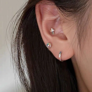 S925 silver earring set with colorful zircon cross and rainbow hoop studs for women