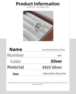 Détails de la bague en argent S925 avec zircon ovale mat et anneau ouvert réglable élégant