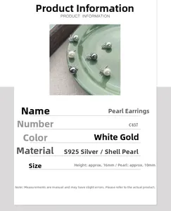 Detail of S925 silver pearl stud earrings with 10mm shell pearl in various elegant colors