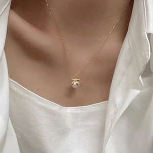 Elegante S925 Sterling Silber Schleife Perlenkette mit feiner Goldkette für Damen