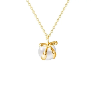 Elegante S925 Silber Schleife Halskette mit großer weißer Perle an einer goldenen Kette