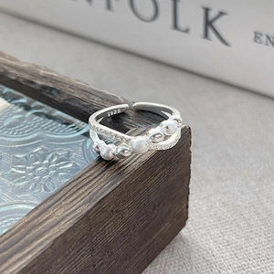 S925 sterling silver double layered crossover ring with silver beads and zircon stones