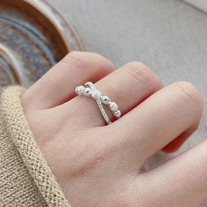 Double-layer S925 sterling silver ring with polished beads and sparkling zircon stones
