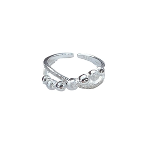 Double-layered S925 sterling silver crossover open ring with silver beads and sparkling zircon