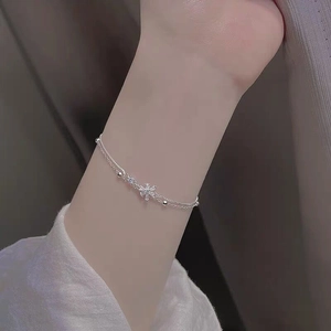 925 Sterling Silver Double Layer Cherry Blossom Bracelet Rhinestone Flower Pendant Adjustable Chain Fashion Jewelry For Women