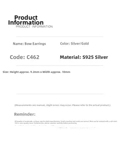 Detailed specifications for S925 silver bow stud earrings in silver and gold finishes