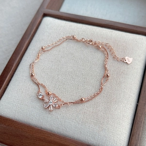 Elegant S925 rose gold double-layer silver bracelet with zircon flower charm