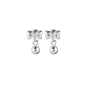 Elegant S925 sterling silver bowknot stud earrings with polished bead pendant for women