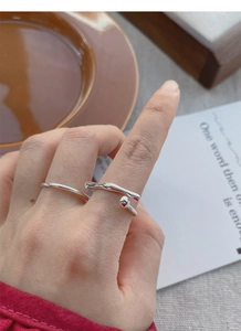 Detail of silver S925 rings set featuring irregular geometric lines and a ball accent