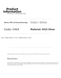 Detailed spec sheet for S925 silver mini croissant stud earrings measuring 7mm by 5mm