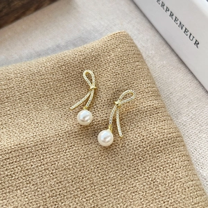 Elegant Bowknot Artificial Pearl Stud Earrings With 925 Sterling Silver Post Zirconia Inlaid French Style Women Jewelry For Wedding Daily Wear
