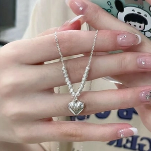 925 Sterling Silver Heart Pendant Necklace With Textured Round Beads Elegant Minimalist Clavicle Chain Jewelry For Women