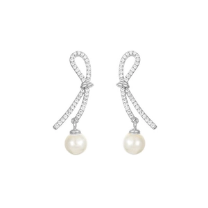 Elegant S925 silver ribbon bow earrings with pearls and pavé cubic zirconia accents