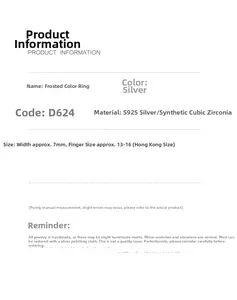 Detailed size chart and specifications for the S925 sterling silver colorful frosted ring