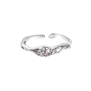Minimalist S925 sterling silver open ring with liquid metal design and round zircon stone