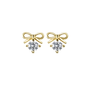 Elegant gold S925 sterling silver bow earrings with sparkling round zircon gemstone