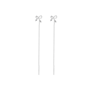 Elegant S925 sterling silver bowknot long tassel drop earrings for women in silver color