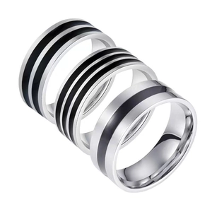 Stylish set of three silver stainless steel rings for men featuring black stripe designs