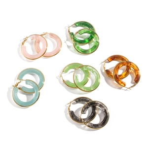 Set of six pairs colorful resin C-shape hoop earrings with gold metal studs