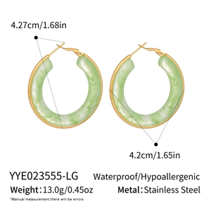 Detail showing dimensions and material of green resin stainless steel hoop earrings