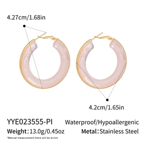 Detail view of pink resin hoop earrings with waterproof stainless steel posts and measurements
