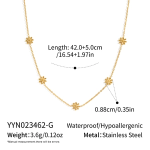 Detail of waterproof stainless steel daisy necklace showing dimensions and gold finish