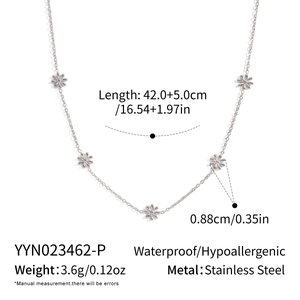 Detail view of daisy pendant necklace in stainless steel with exact sizing and dimensions