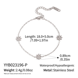Detail of silver stainless steel daisy bracelet showing dimensions and waterproof features