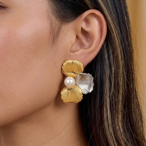 Flower Petal Stud Earrings Stainless Steel Mixed Gold Silver Color With Artificial Pearl Elegant Fashion Waterproof Hypoallergenic For Women