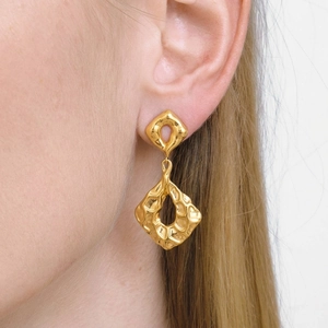Geometric Hammered Texture Drop Earrings Gold Plated Stainless Steel Waterproof Hypoallergenic Jewelry For Women