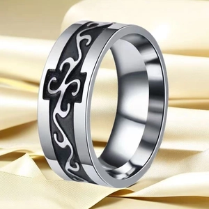 Detailed close-up of vintage cross pattern on 8mm stainless steel band ring for men