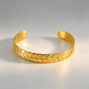 Adjustable gold plated titanium steel wheat pattern open C-shape cuff bracelet