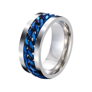 Men's stainless steel spinner ring with blue chain inlay and bottle opener function