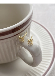 Detail of gold eight-pointed star stud earrings with S925 hallmark and zircon inlay