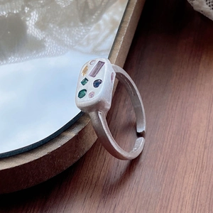 Frosted S925 sterling silver open ring with colorful gemstones in various shapes