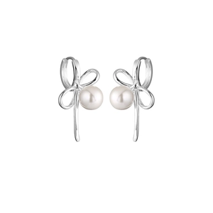 Elegant S925 silver bow earrings with round white pearls and sleek butterfly design